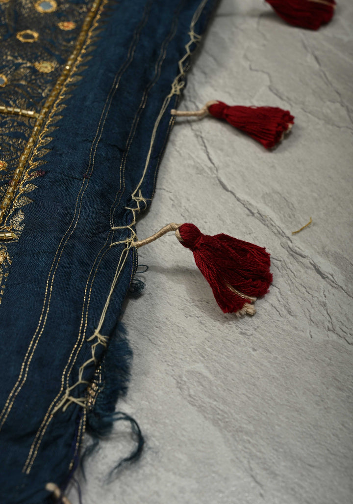 Indigo Hand Block Print on Dola Silk Saree with Cutdana, Sequins and Mirror Hand work