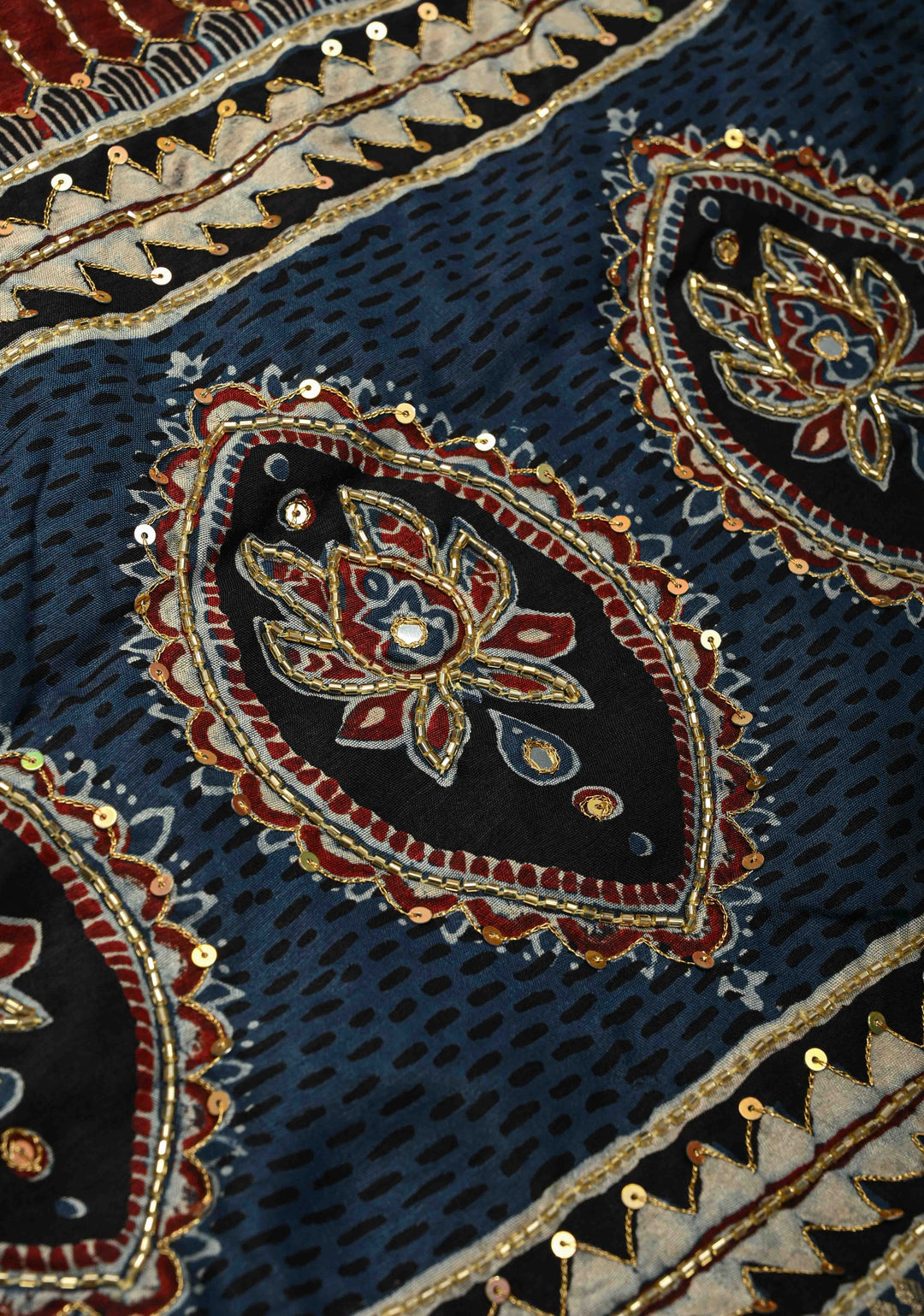 Indigo Hand Block Print on Dola Silk Saree with Cutdana, Sequins and Mirror Hand work