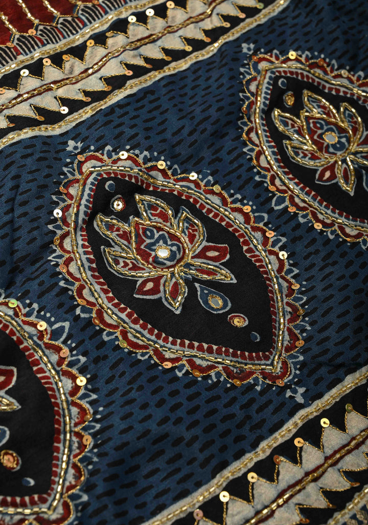 Indigo Hand Block Print on Dola Silk Saree with Cutdana, Sequins and Mirror Hand work