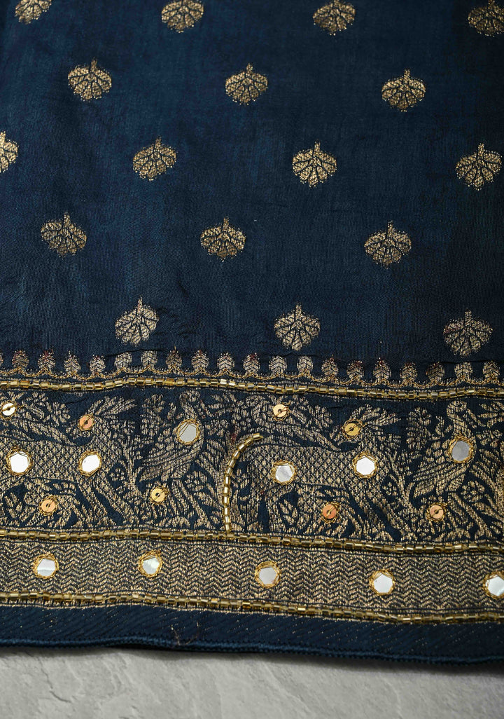 Indigo Hand Block Print on Dola Silk Saree with Cutdana, Sequins and Mirror Hand work