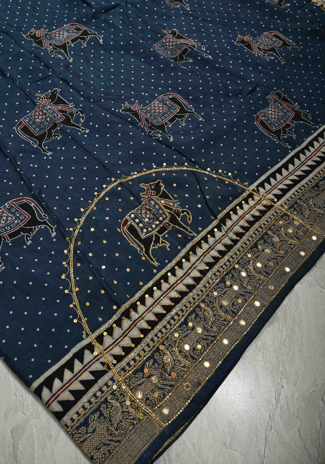 Indigo Hand Block Print on Dola Silk Saree with Cutdana, Sequins and Mirror Hand work