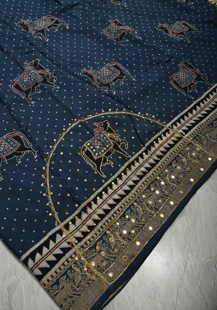 Indigo Hand Block Print on Dola Silk Saree with Cutdana, Sequins and Mirror Hand work