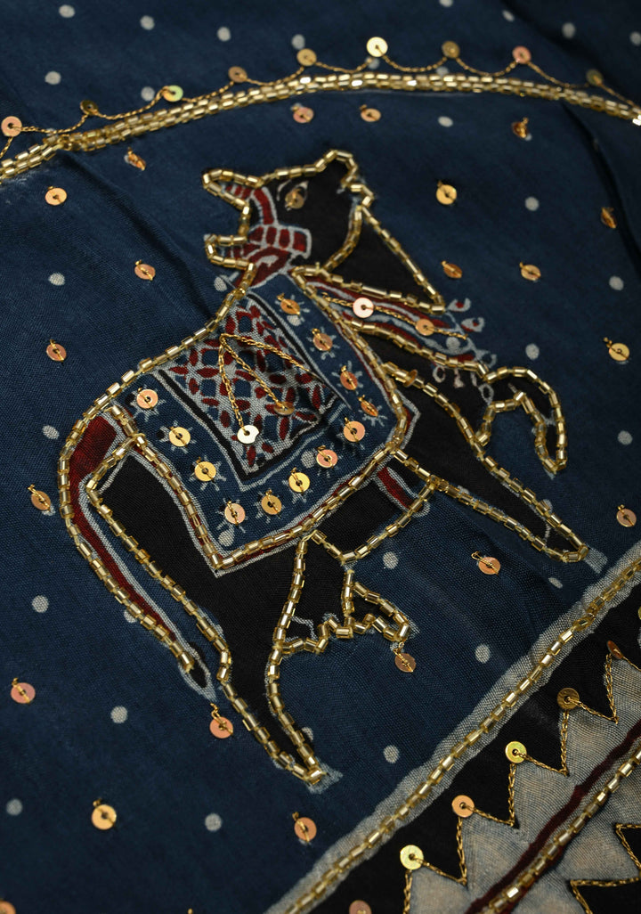 Indigo Hand Block Print on Dola Silk Saree with Cutdana, Sequins and Mirror Hand work