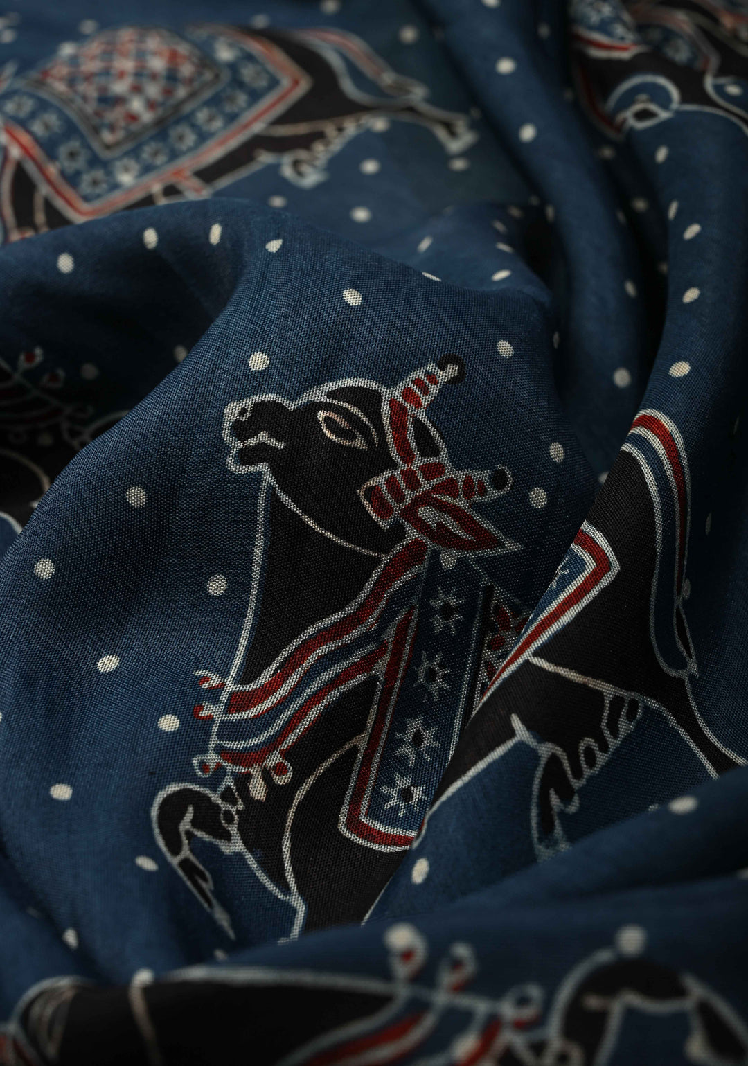 Indigo Hand Block Print on Dola Silk Saree with Cutdana, Sequins and Mirror Hand work