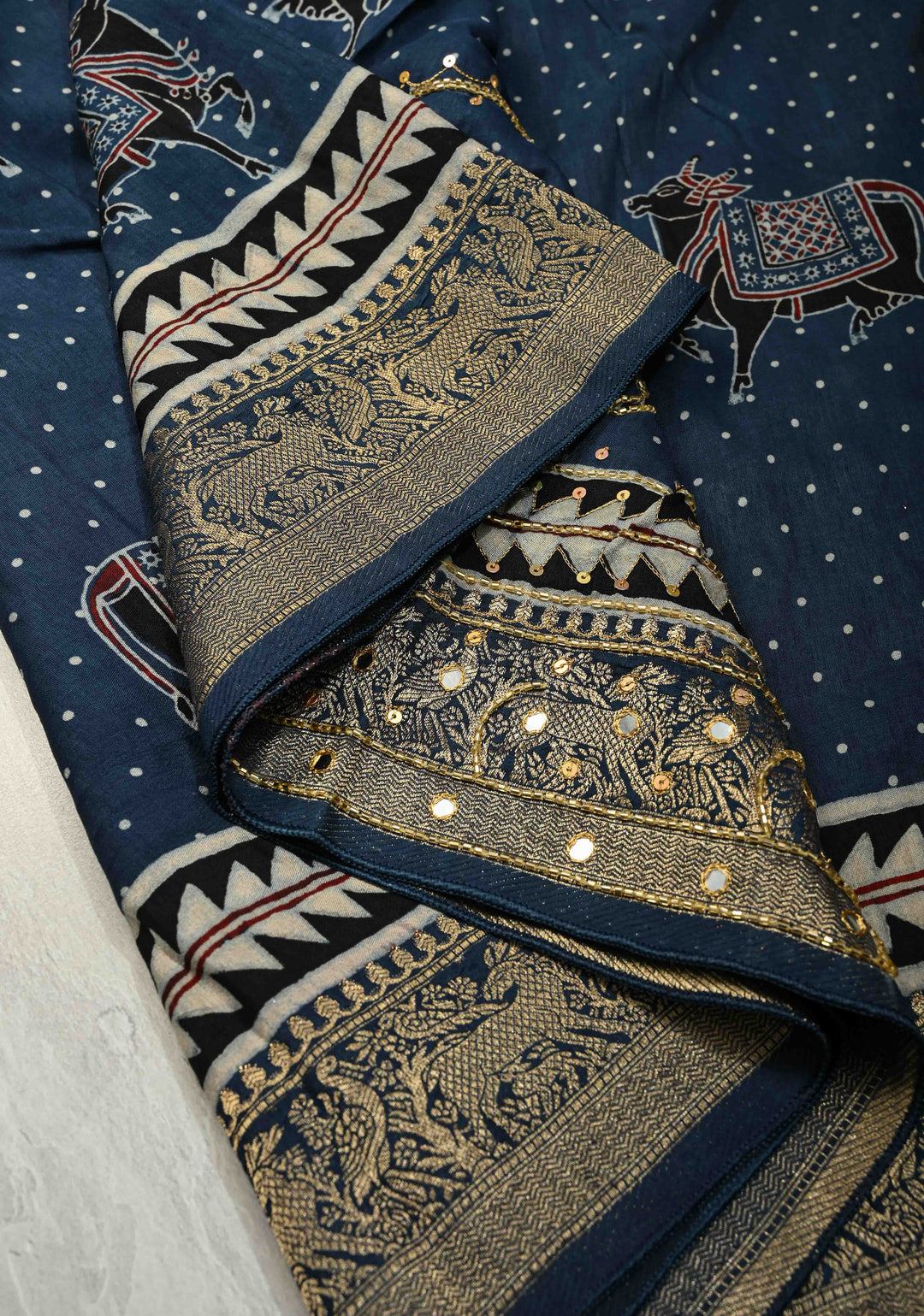 Indigo Hand Block Print on Dola Silk Saree with Cutdana, Sequins and Mirror Hand work