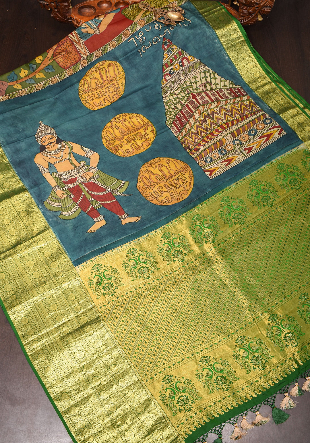 Grand Chola Theme Authentic Pen Kalamkari Saree on Pure Silk Kanjivaram with Contrast Green border| SILK MARK CERTIFIED | SHOBITAM