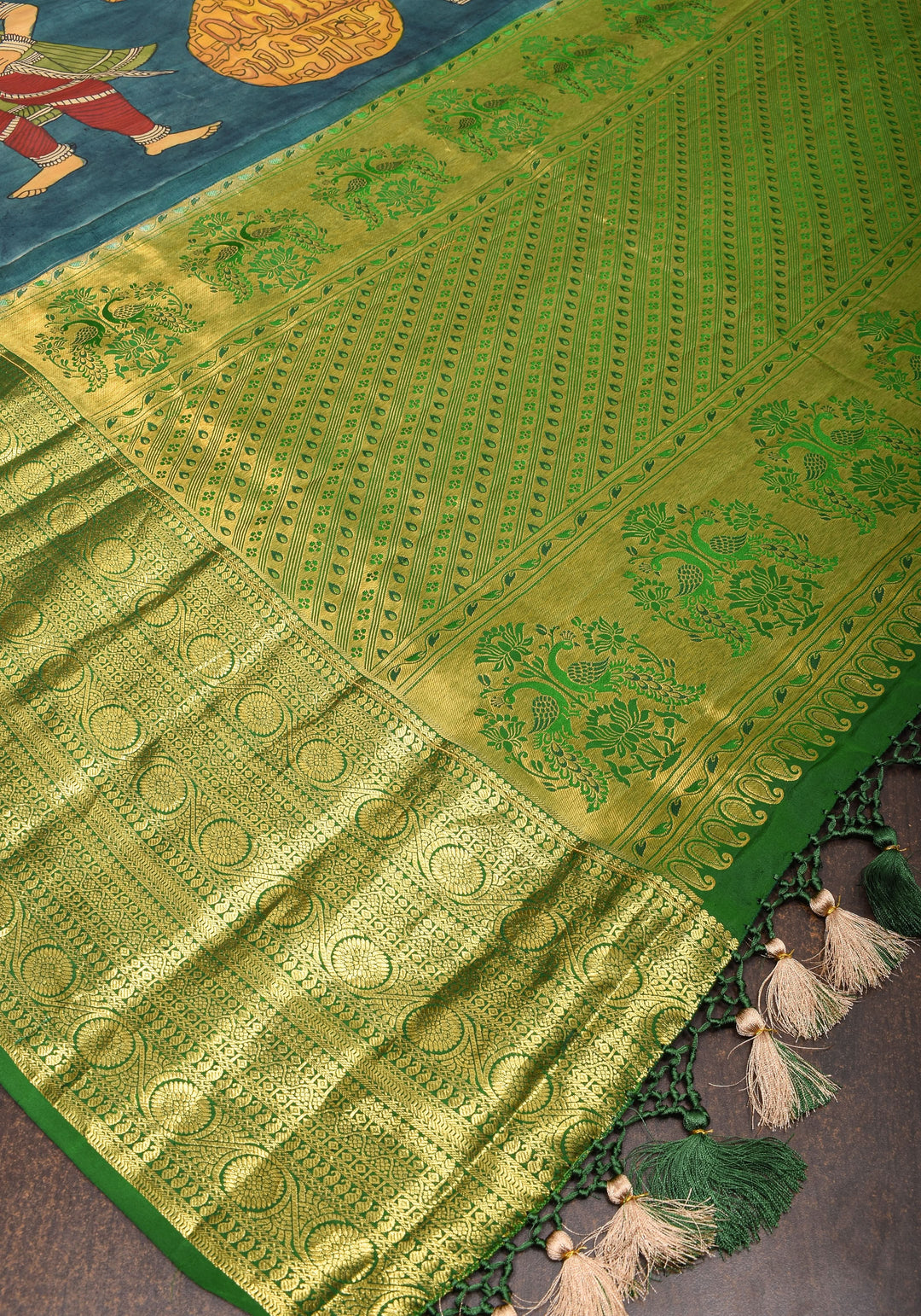 Grand Chola Theme Authentic Pen Kalamkari Saree on Pure Silk Kanjivaram with Contrast Green border| SILK MARK CERTIFIED | SHOBITAM