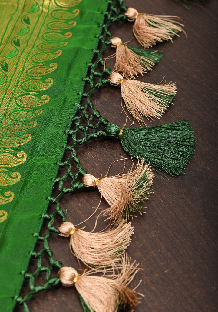 Grand Chola Theme Authentic Pen Kalamkari Saree on Pure Silk Kanjivaram with Contrast Green border| SILK MARK CERTIFIED | SHOBITAM