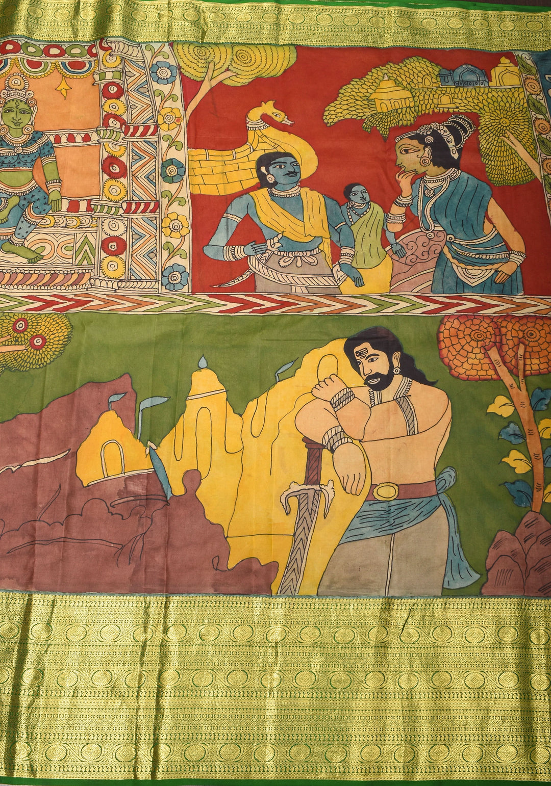 Grand Chola Theme Authentic Pen Kalamkari Saree on Pure Silk Kanjivaram with Contrast Green border| SILK MARK CERTIFIED | SHOBITAM