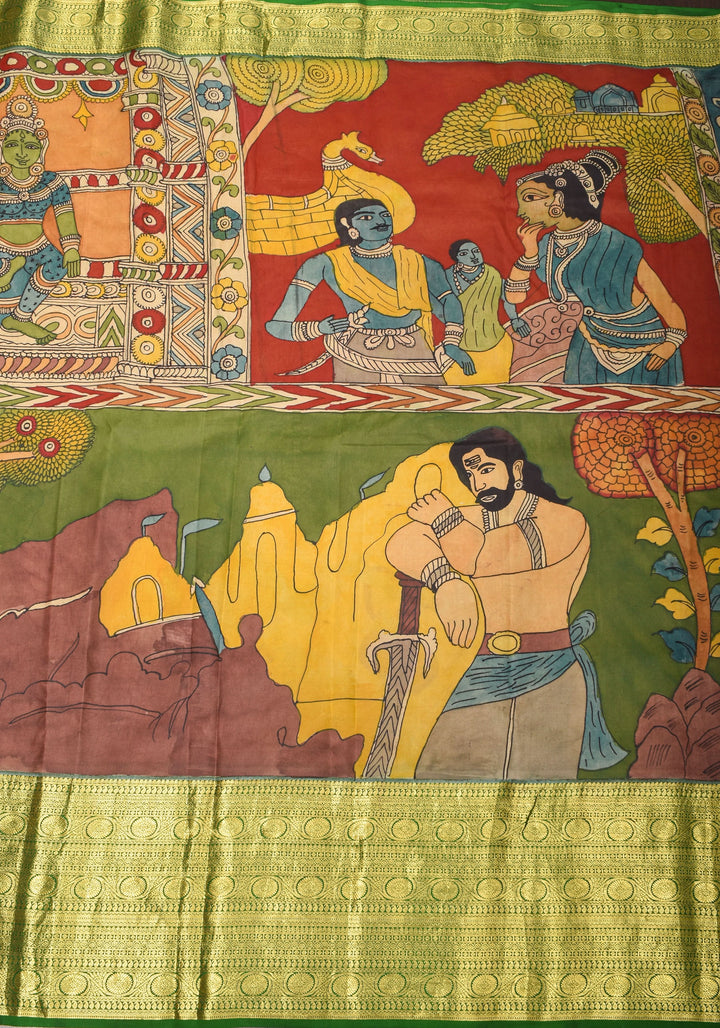 Grand Chola Theme Authentic Pen Kalamkari Saree on Pure Silk Kanjivaram with Contrast Green border| SILK MARK CERTIFIED | SHOBITAM