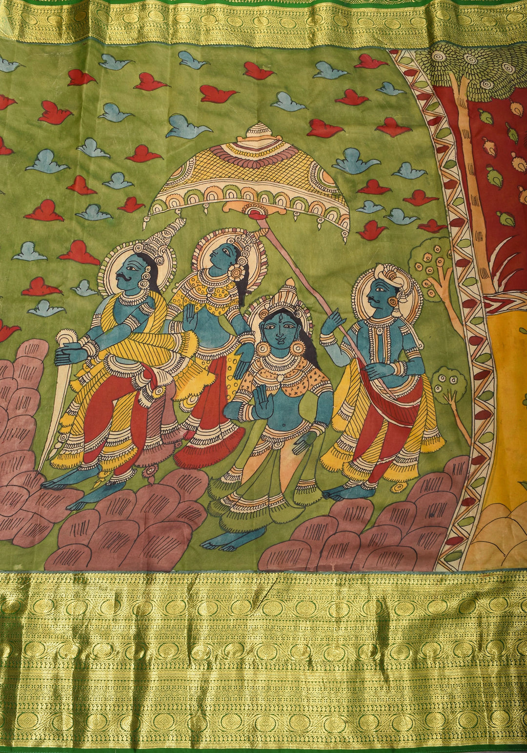 Grand Chola Theme Authentic Pen Kalamkari Saree on Pure Silk Kanjivaram with Contrast Green border| SILK MARK CERTIFIED | SHOBITAM
