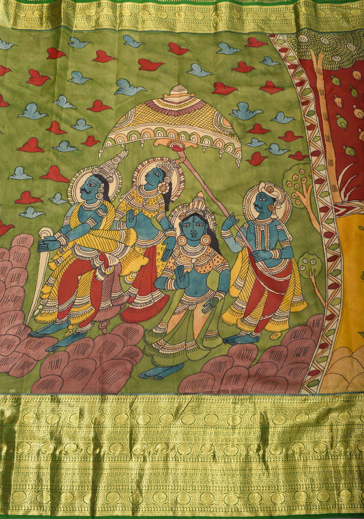 Grand Chola Theme Authentic Pen Kalamkari Saree on Pure Silk Kanjivaram with Contrast Green border| SILK MARK CERTIFIED | SHOBITAM