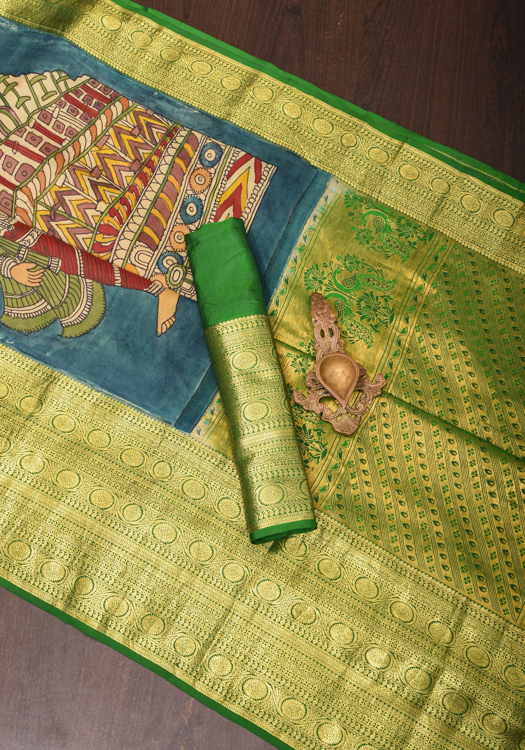 Grand Chola Theme Authentic Pen Kalamkari Saree on Pure Silk Kanjivaram with Contrast Green border| SILK MARK CERTIFIED | SHOBITAM