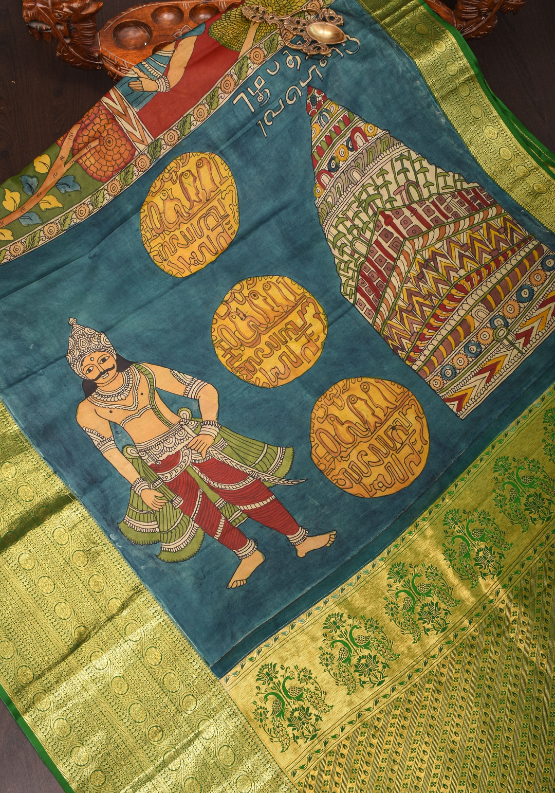 Grand Chola Theme Authentic Pen Kalamkari Saree on Pure Silk Kanjivaram with Contrast Green border| SILK MARK CERTIFIED | SHOBITAM