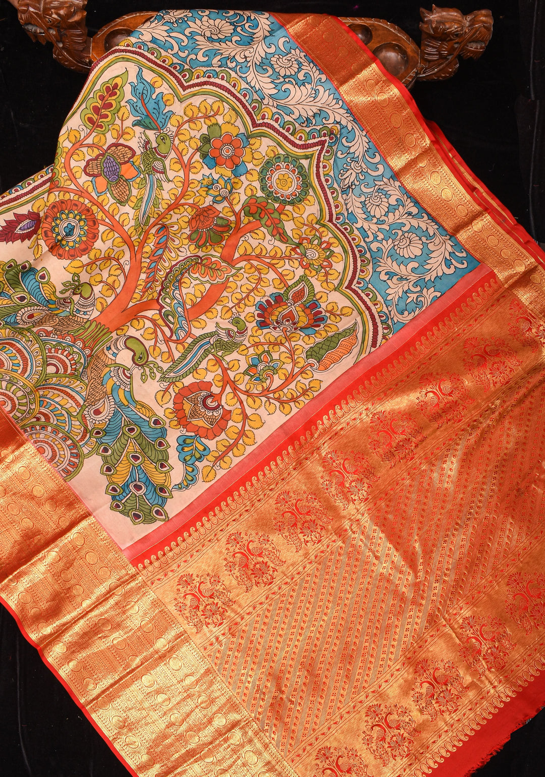Preorder : Tree of Life - Iconic Pen Kalamkari on Pure Kanjivaram SIlk with wide border saree| SILK MARK CERTIFIED
