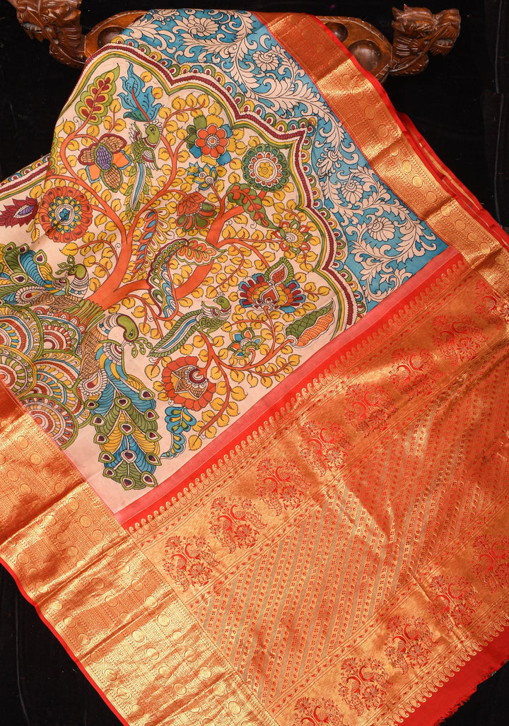 Preorder : Tree of Life - Iconic Pen Kalamkari on Pure Kanjivaram SIlk with wide border saree| SILK MARK CERTIFIED