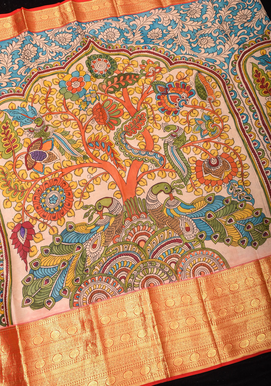 Preorder : Tree of Life - Iconic Pen Kalamkari on Pure Kanjivaram SIlk with wide border saree| SILK MARK CERTIFIED