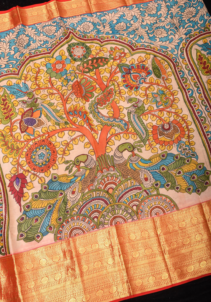 Preorder : Tree of Life - Iconic Pen Kalamkari on Pure Kanjivaram SIlk with wide border saree| SILK MARK CERTIFIED