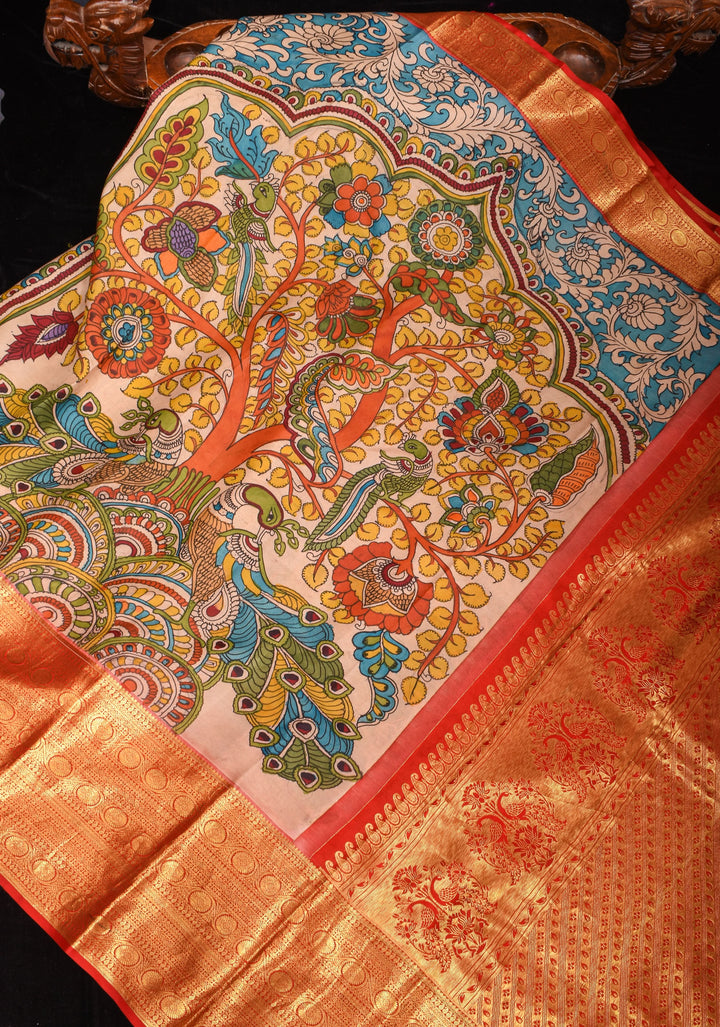 Preorder : Tree of Life - Iconic Pen Kalamkari on Pure Kanjivaram SIlk with wide border saree| SILK MARK CERTIFIED