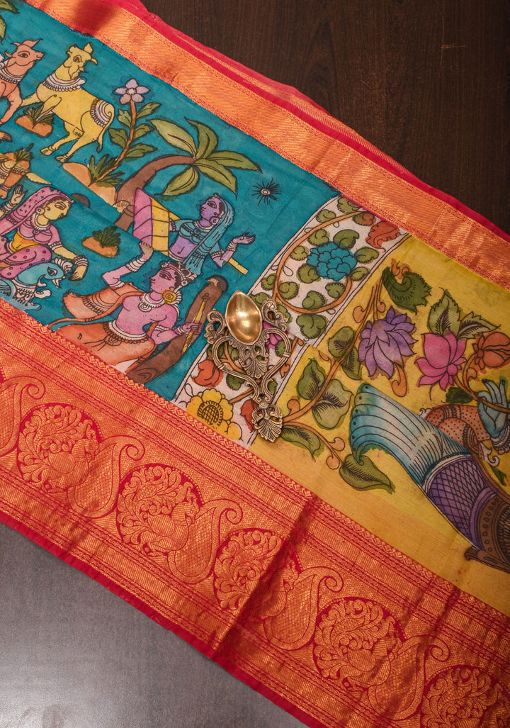 Exquisite Peacock Blue Mermaid pallu Authentic pen Kalamkari on Chennuri silk with wide Zari border. SILK MARK CERTIFIED