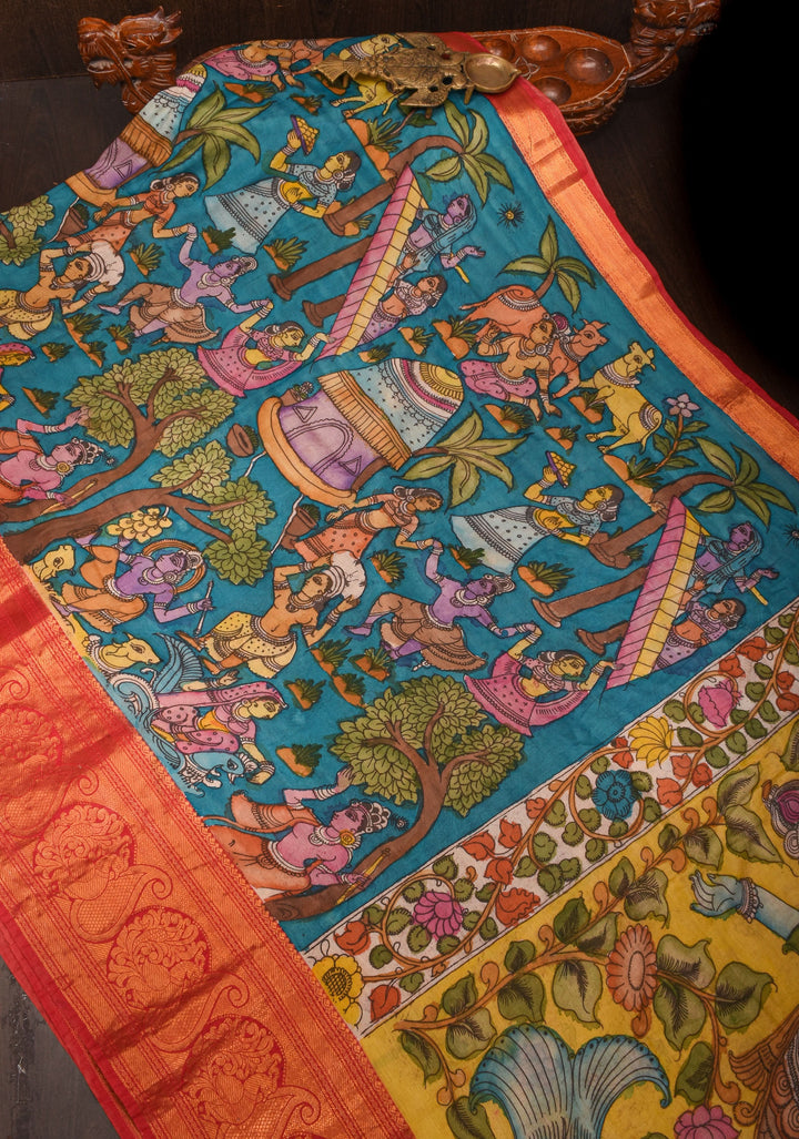 Exquisite Peacock Blue Mermaid pallu Authentic pen Kalamkari on Chennuri silk with wide Zari border. SILK MARK CERTIFIED