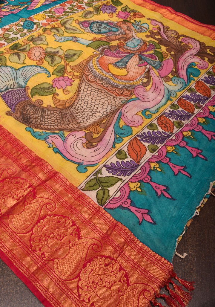 Exquisite Peacock Blue Mermaid pallu Authentic pen Kalamkari on Chennuri silk with wide Zari border. SILK MARK CERTIFIED