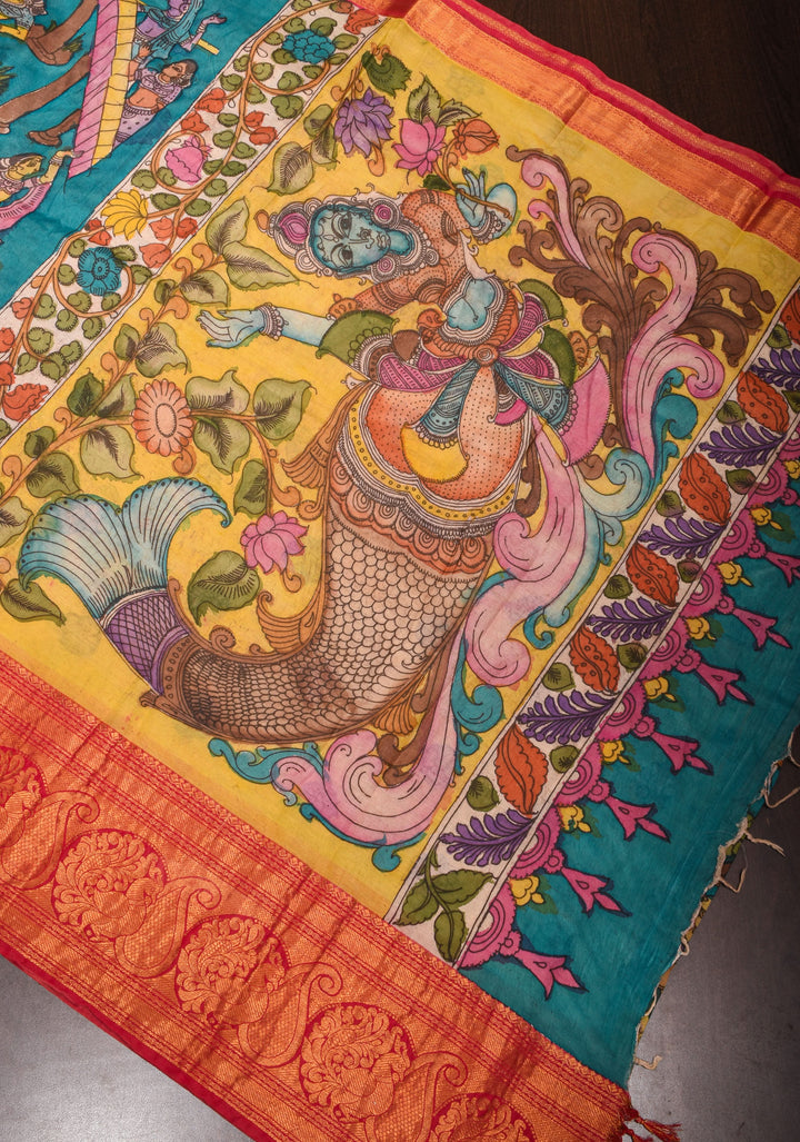 Exquisite Peacock Blue Mermaid pallu Authentic pen Kalamkari on Chennuri silk with wide Zari border. SILK MARK CERTIFIED