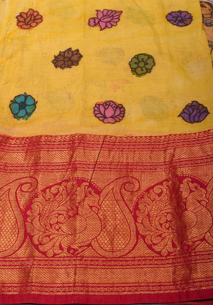 Exquisite Peacock Blue Mermaid pallu Authentic pen Kalamkari on Chennuri silk with wide Zari border. SILK MARK CERTIFIED