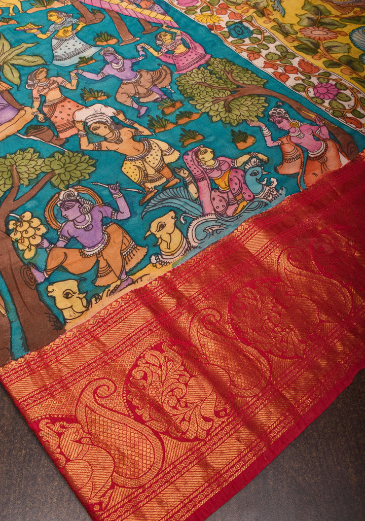 Exquisite Peacock Blue Mermaid pallu Authentic pen Kalamkari on Chennuri silk with wide Zari border. SILK MARK CERTIFIED