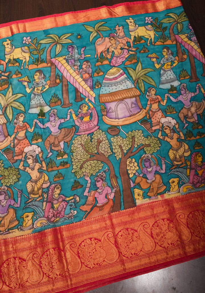 Exquisite Peacock Blue Mermaid pallu Authentic pen Kalamkari on Chennuri silk with wide Zari border. SILK MARK CERTIFIED