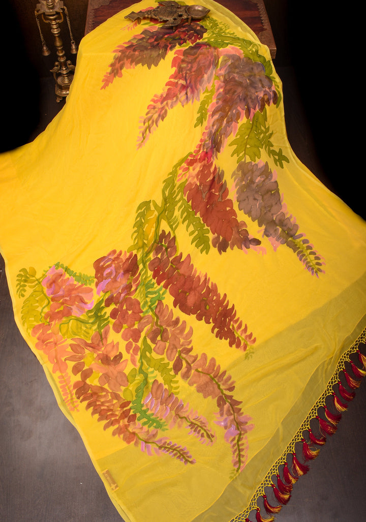 Wisteria -Yellow Chiffon Saree with Handpainted Florals