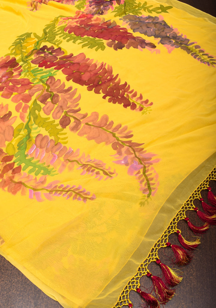 Wisteria -Yellow Chiffon Saree with Handpainted Florals