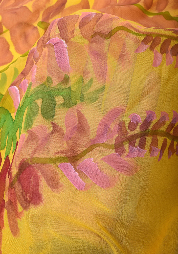 Wisteria -Yellow Chiffon Saree with Handpainted Florals