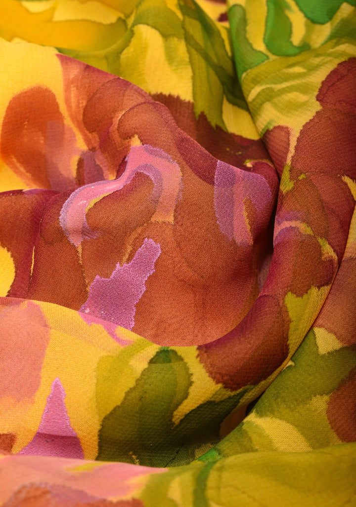 Wisteria -Yellow Chiffon Saree with Handpainted Florals