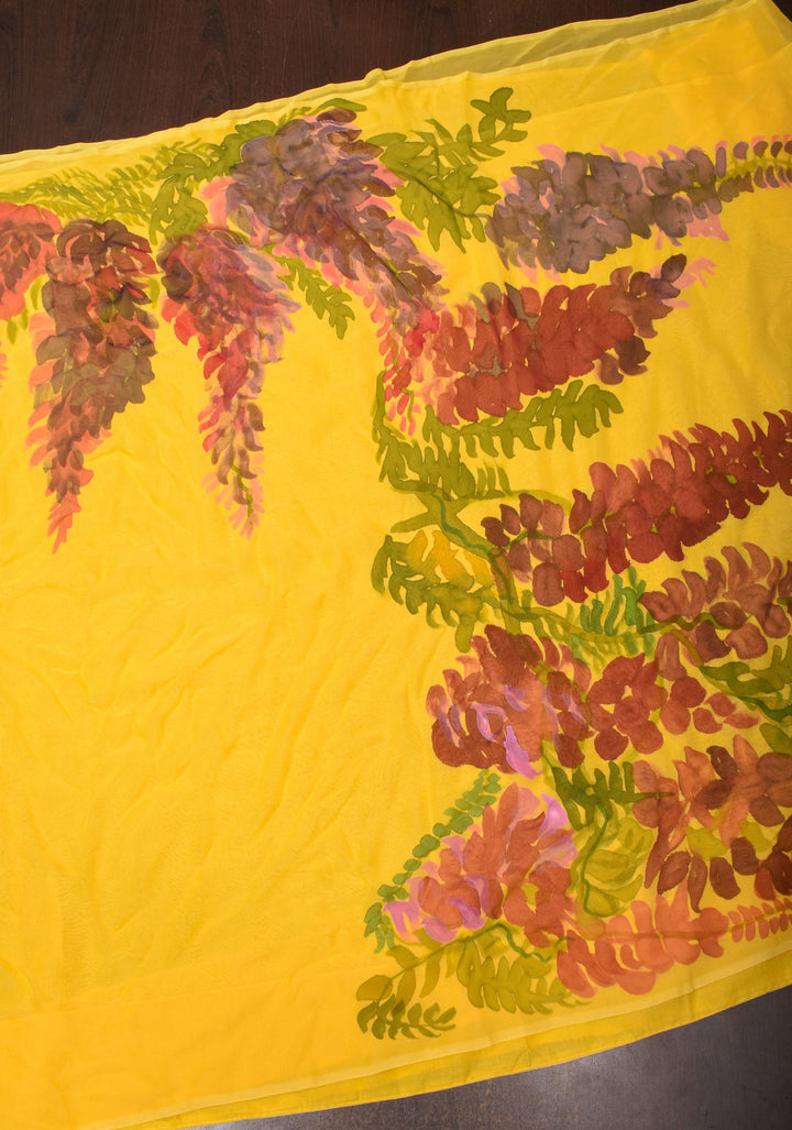 Wisteria -Yellow Chiffon Saree with Handpainted Florals