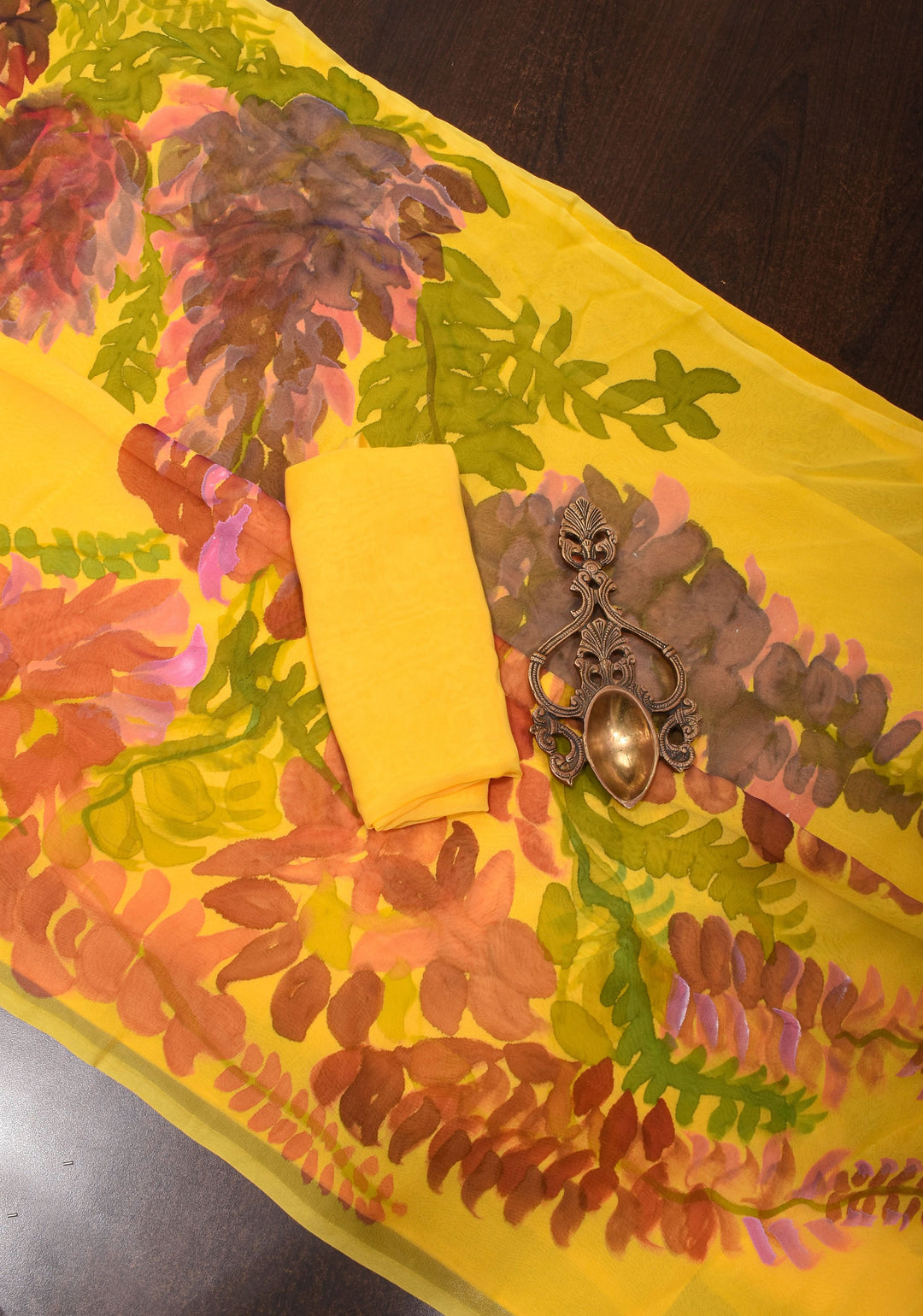 Wisteria -Yellow Chiffon Saree with Handpainted Florals