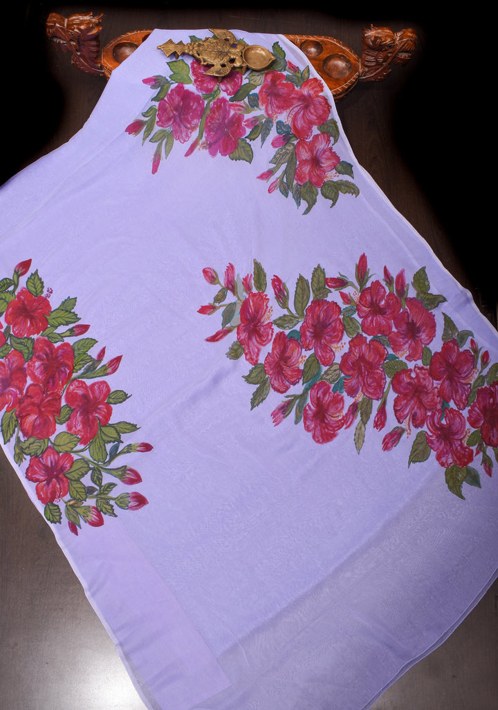 Lilac Pure Chiffon Saree with Hand Painted Hibiscus Florals