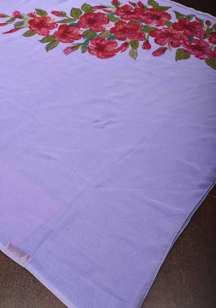 Lilac Pure Chiffon Saree with Hand Painted Hibiscus Florals
