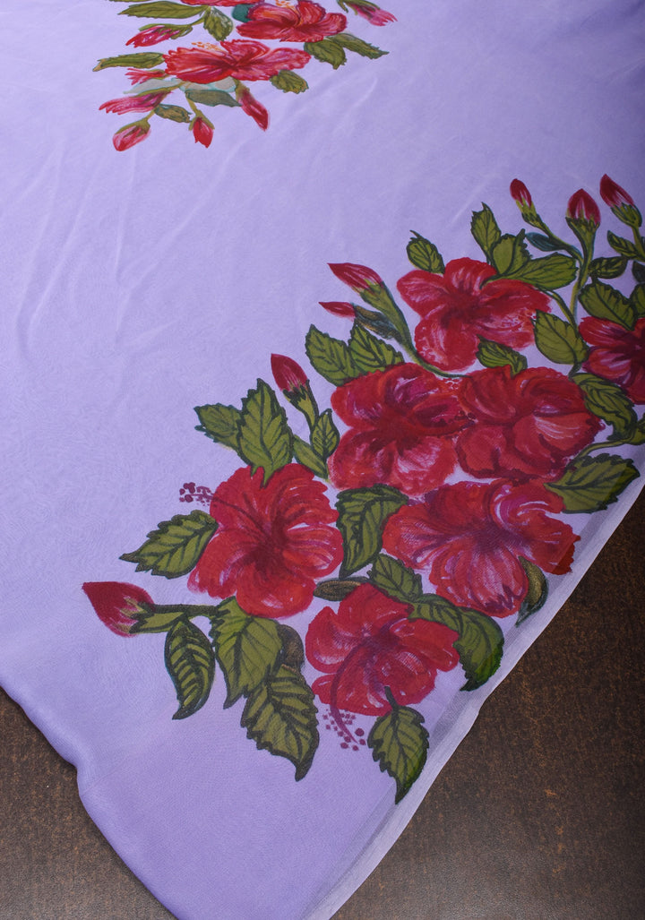 Lilac Pure Chiffon Saree with Hand Painted Hibiscus Florals
