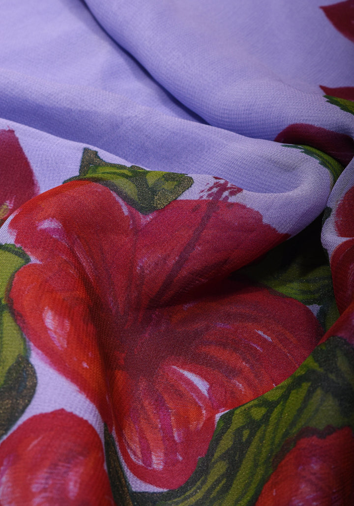 Lilac Pure Chiffon Saree with Hand Painted Hibiscus Florals