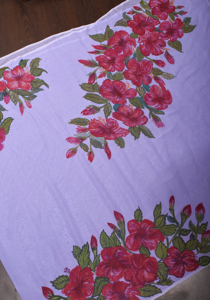 Lilac Pure Chiffon Saree with Hand Painted Hibiscus Florals