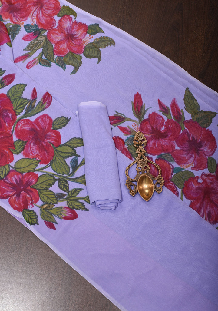 Lilac Pure Chiffon Saree with Hand Painted Hibiscus Florals