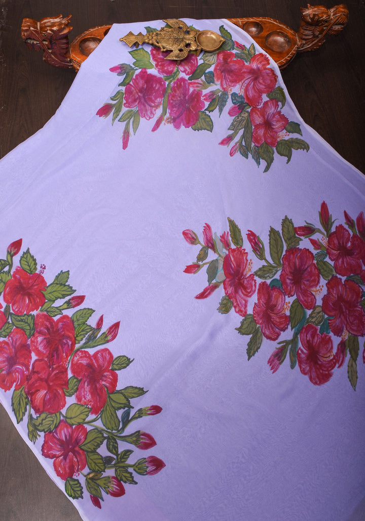Lilac Pure Chiffon Saree with Hand Painted Hibiscus Florals