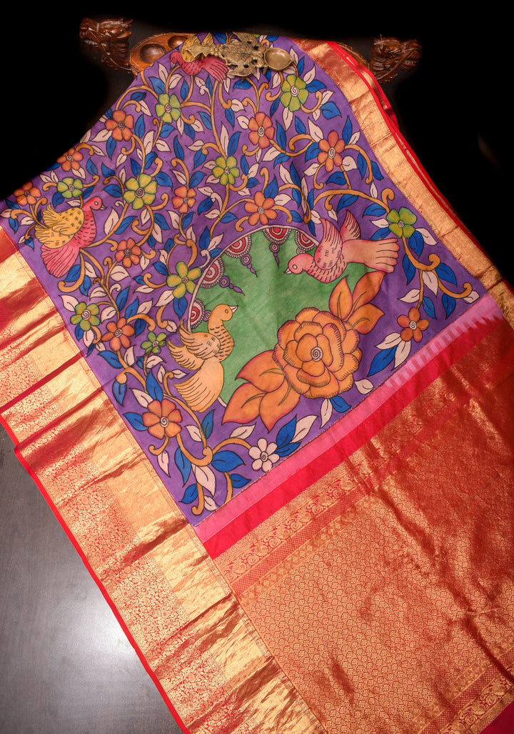 Birds and Floral : Authentic Pen kalamkari on pure Kanjivaram Silk Saree With Zari Wide Border| SILK MARK CERTIFIED