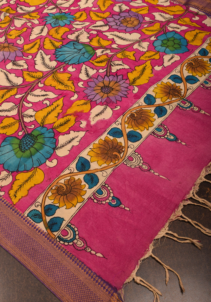 DUPATTA : Pink Pen Kalamkari Handpainted Dupatta on Mangalagiri cotton