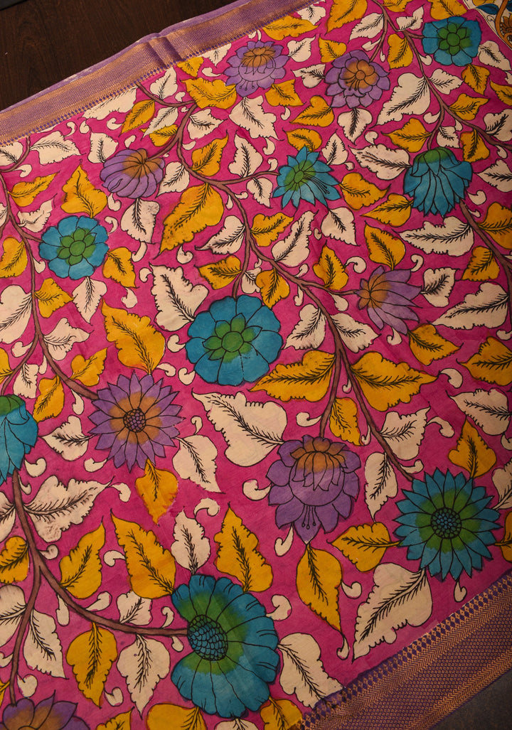 DUPATTA : Pink Pen Kalamkari Handpainted Dupatta on Mangalagiri cotton