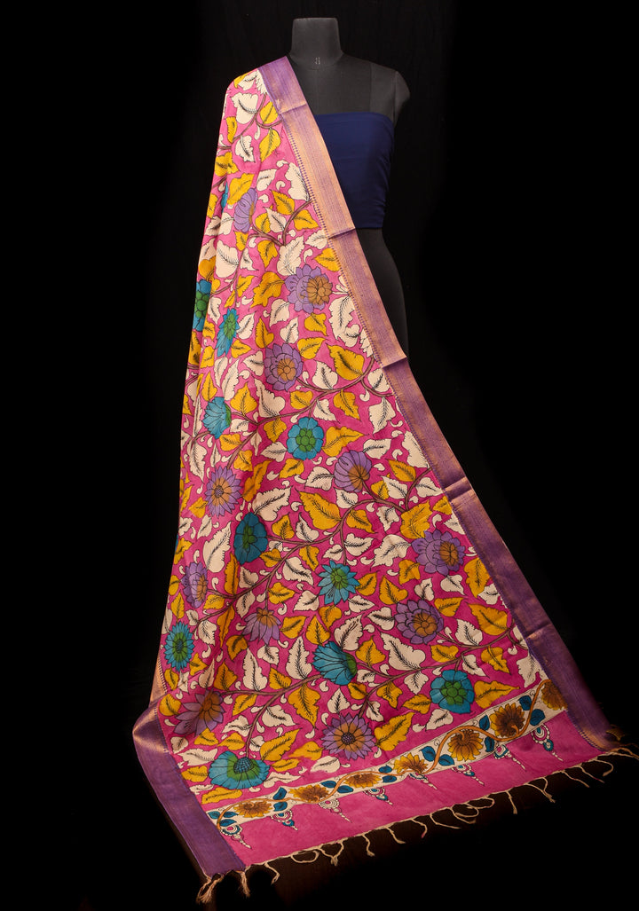 DUPATTA : Pink Pen Kalamkari Handpainted Dupatta on Mangalagiri cotton