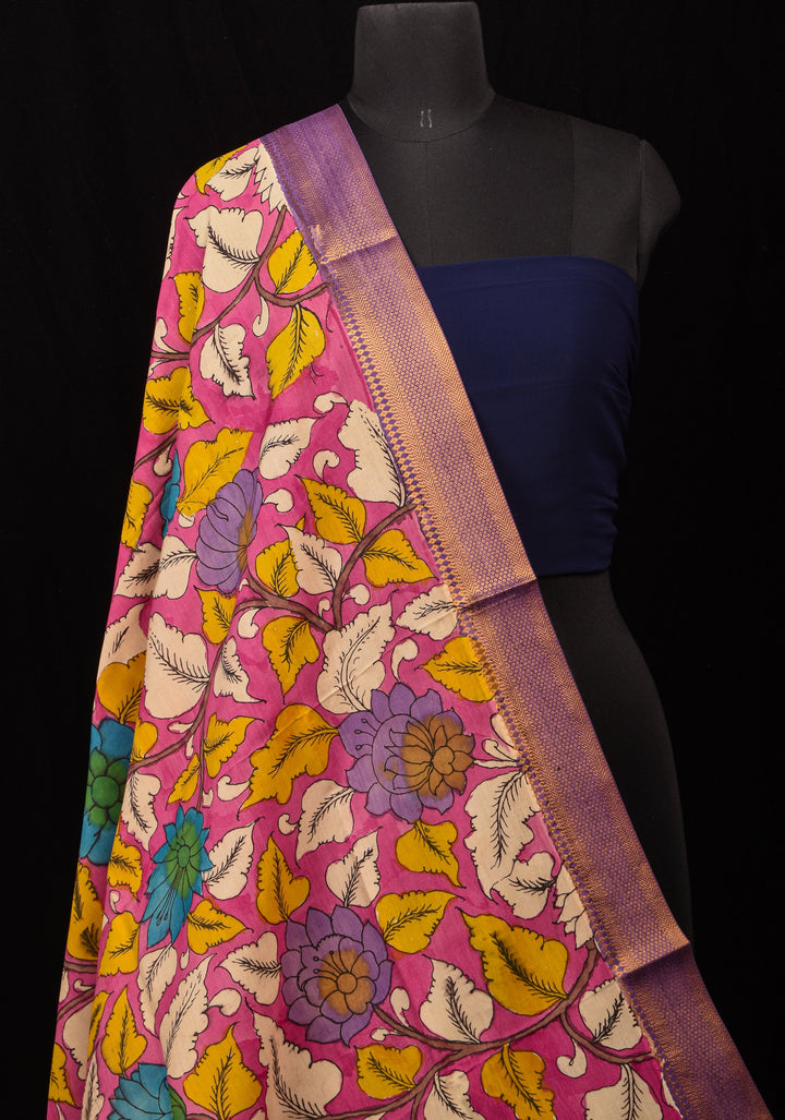 DUPATTA : Pink Pen Kalamkari Handpainted Dupatta on Mangalagiri cotton