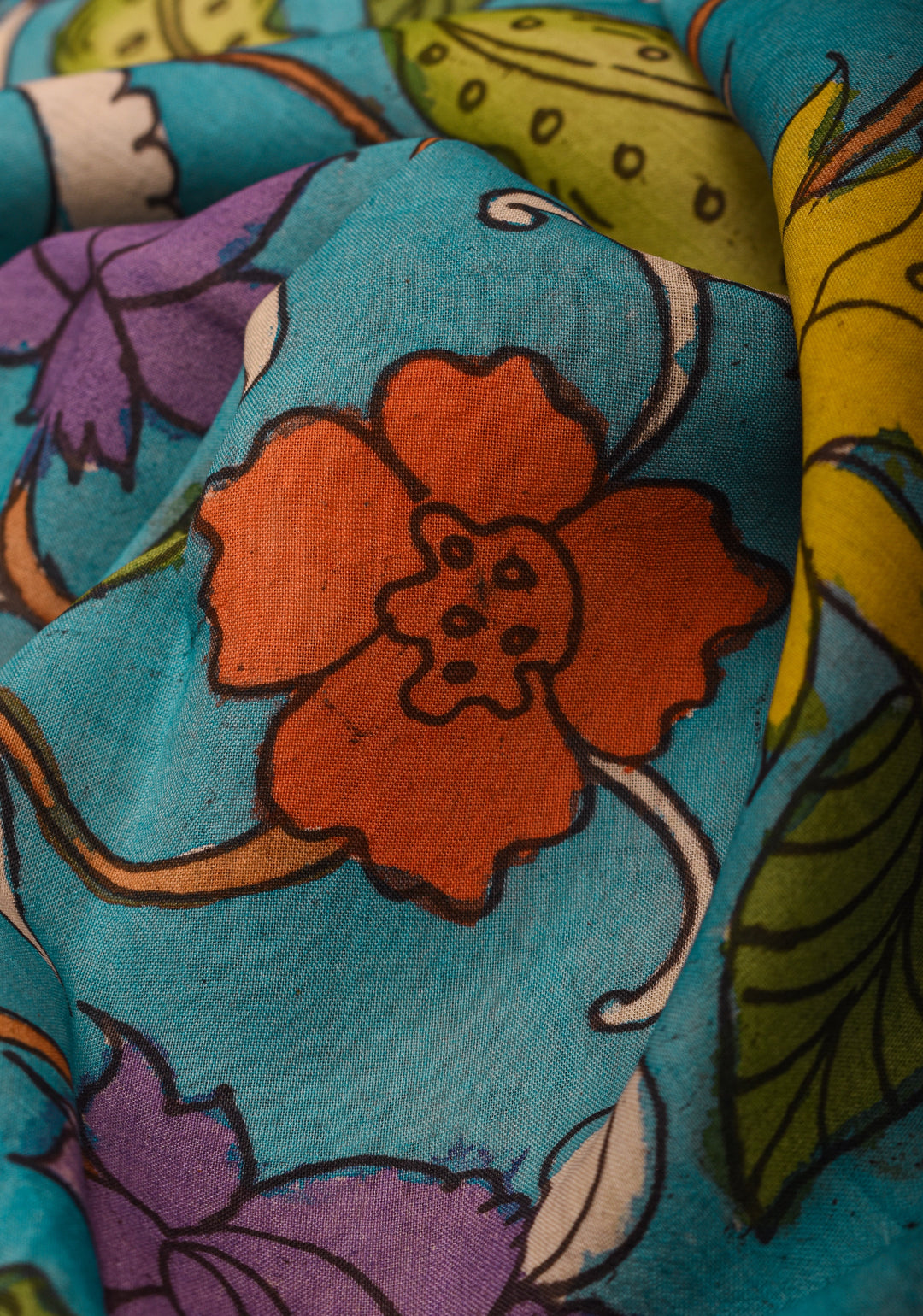 Dupatta: Cyan Pen Kalamkari with floral digital Dupatta on Pure Kanjivaram with Handmade Tassels | SILK MARK CERTIFIED
