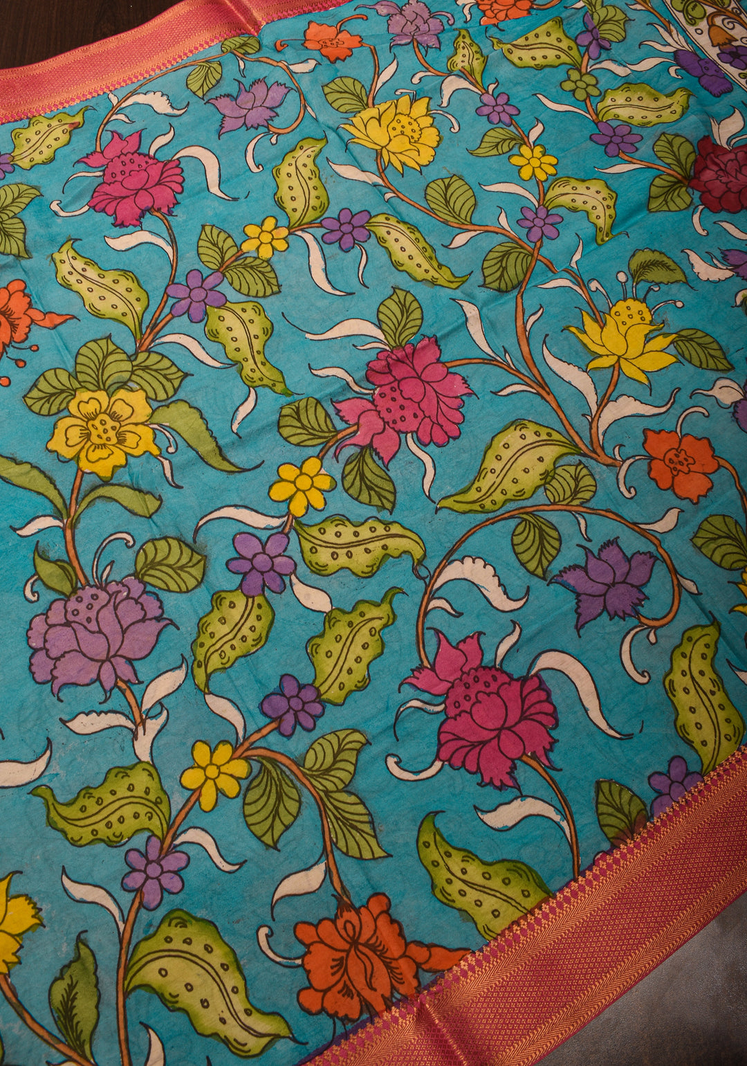 Dupatta: Cyan Pen Kalamkari with floral digital Dupatta on Pure Kanjivaram with Handmade Tassels | SILK MARK CERTIFIED